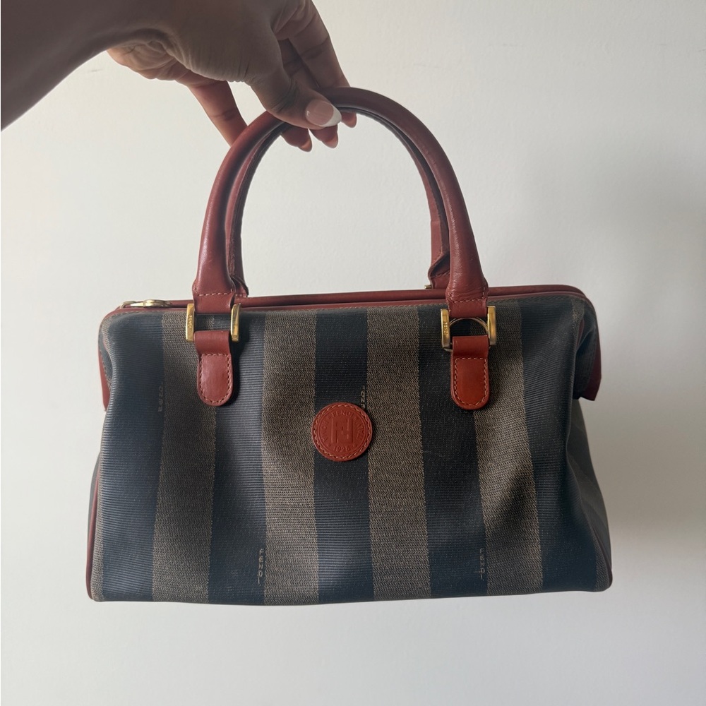 Fendi Pequin Boston Black and Brown Handbag